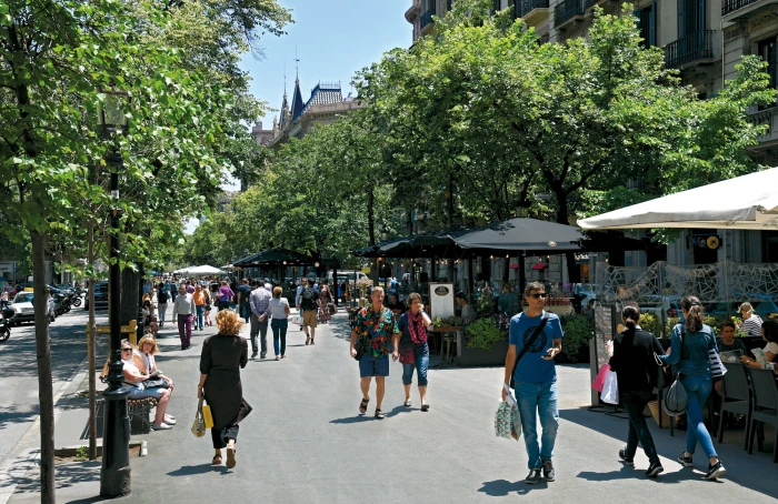 Diverses persones caminen per un carrer per a vianants amb arbres i taules sota tendals.