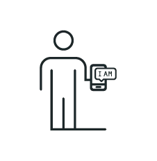 Muestra un icono de persona con un dispositivo de tarjeta junto a un letrero de check-in.