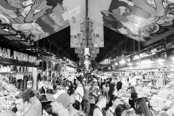 You can see an indoor market with many stalls and people shopping under a metal structure.