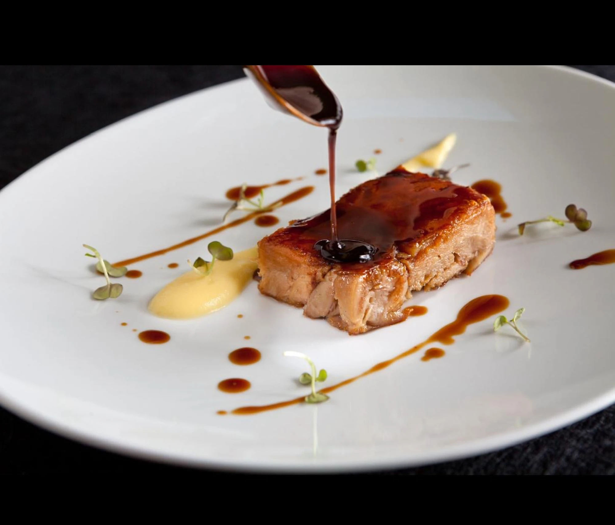 Una imagen que muestra un plato de cochinillo asado acompañado de puré de manzana y su jugo, presentado de manera apetecible y elegante, ideal para destacar la gastronomía del hotel.