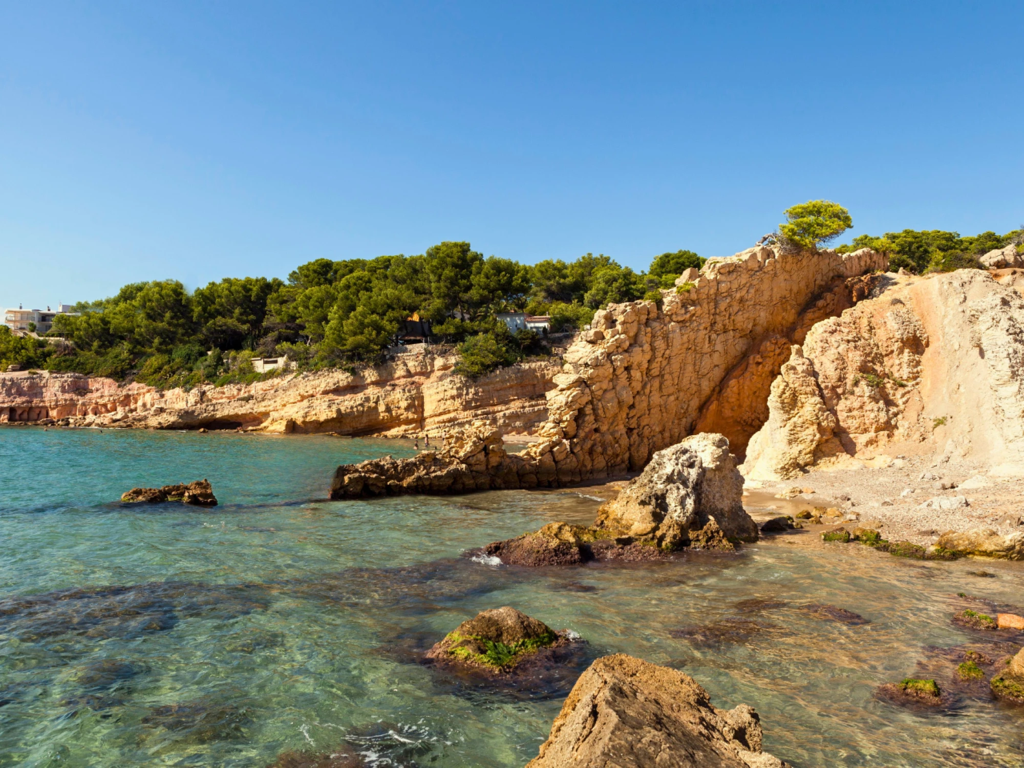 Vista de una playa con aguas cristalinas y arena dorada, rodeada de vegetación y acantilados, ideal para actividades acuáticas y relajación.
