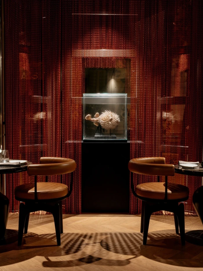 Imagen que muestra un espacio interior con mobiliario y decoración moderna, en tonos neutros y detalles elegantes, ideal para un ambiente de hotel sofisticado.