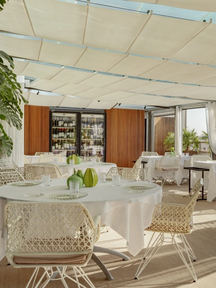 Una imagen del restaurante Terraza, mostrando un ambiente moderno y elegante con decoración contemporánea. La iluminación cálida y los detalles decorativos crean un ambiente acogedor para los comensales.