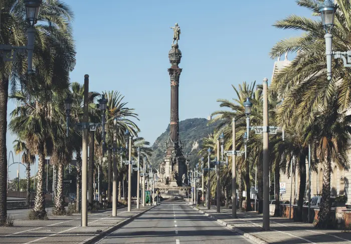 Si vede un viale con alte palme e lampioni lungo la strada, con le montagne sullo sfondo.
