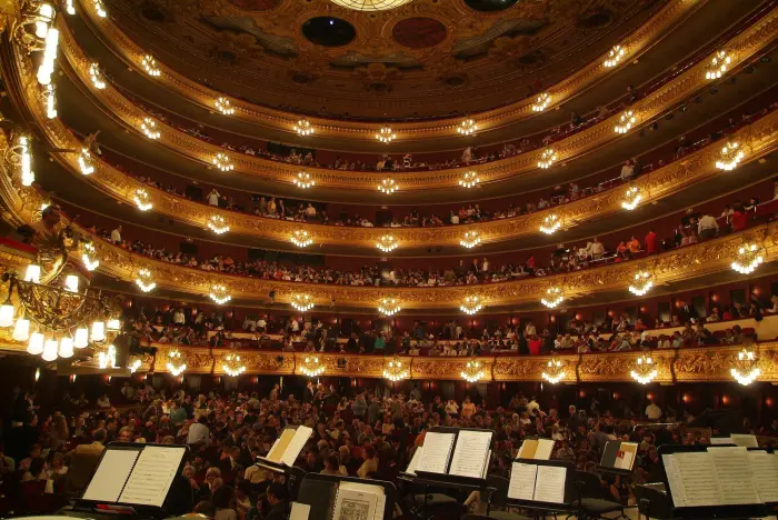 Si vede l’interno di un teatro con poltrone e file di luci sopra il palco.