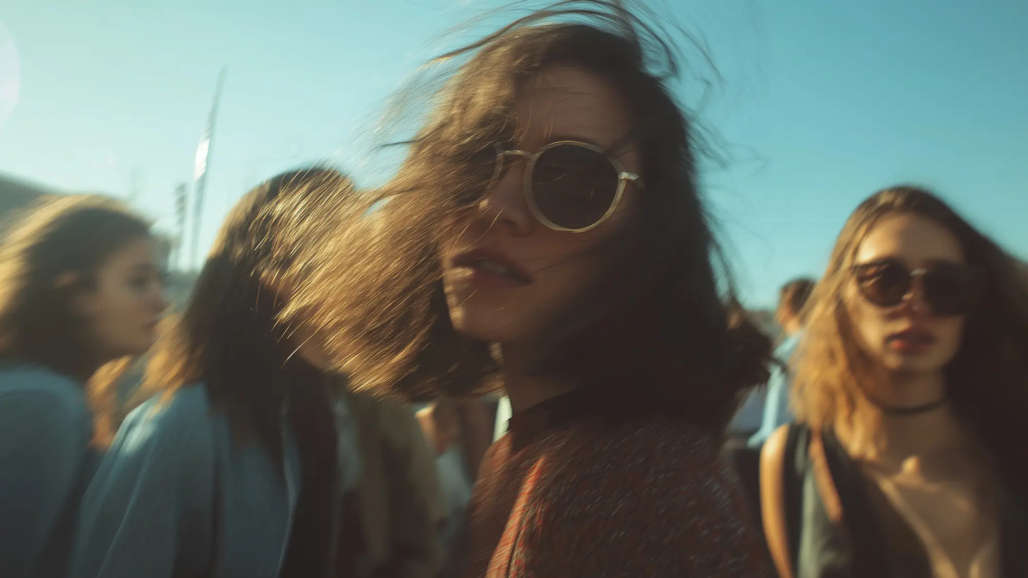 Varias personas con gafas de sol aparecen frente a un cielo despejado.