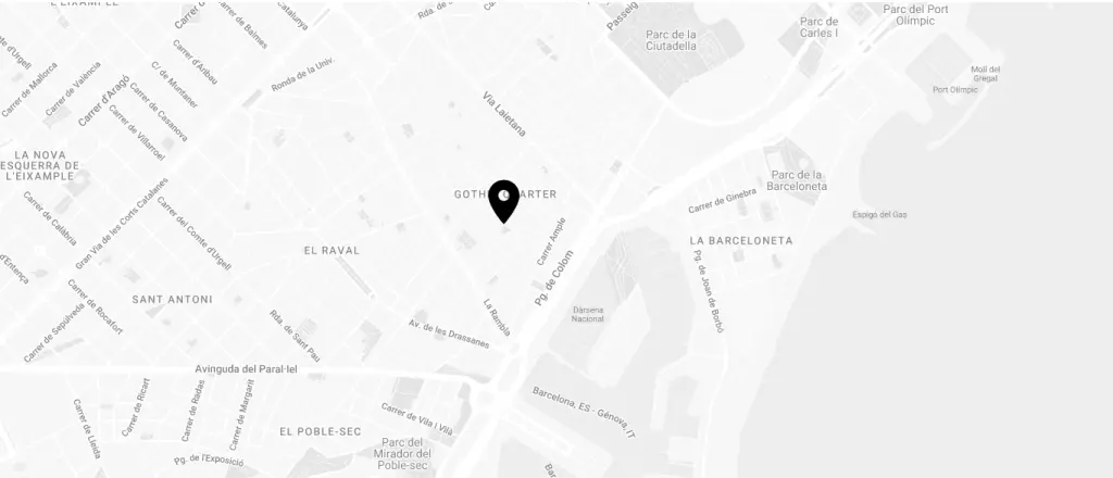 Mapa urbano en blanco y negro con un marcador negro en el centro.