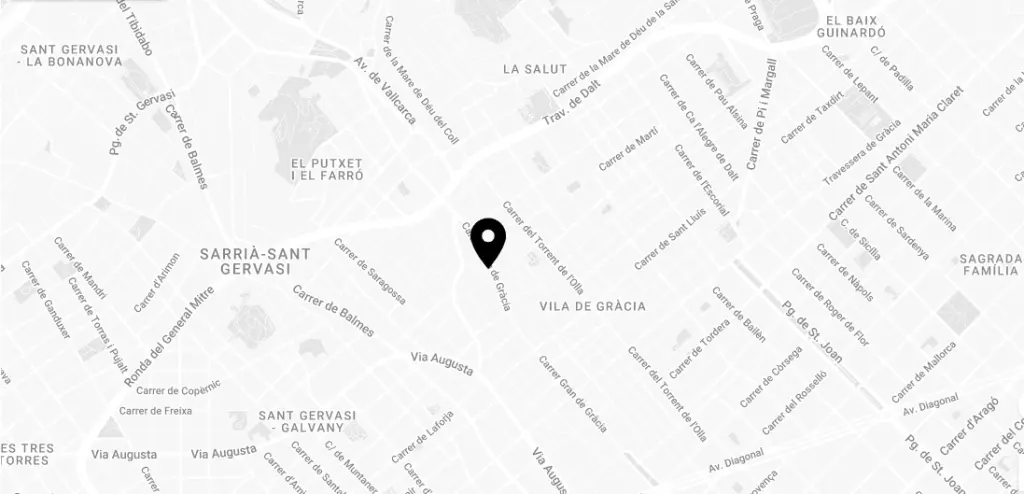 Mapa de calles con un marcador de ubicación en el barrio de Gràcia.