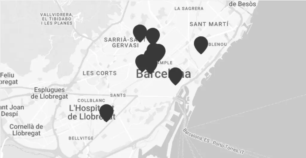 Mapa de Barcelona con marcadores de ubicación y el texto “Barcelona”.