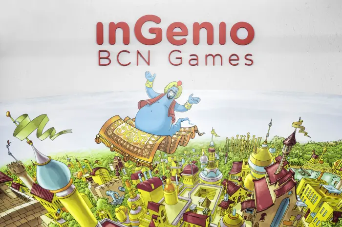 Ilustración con el texto “inGenio BCN Games” y un personaje sobre un paisaje colorido.