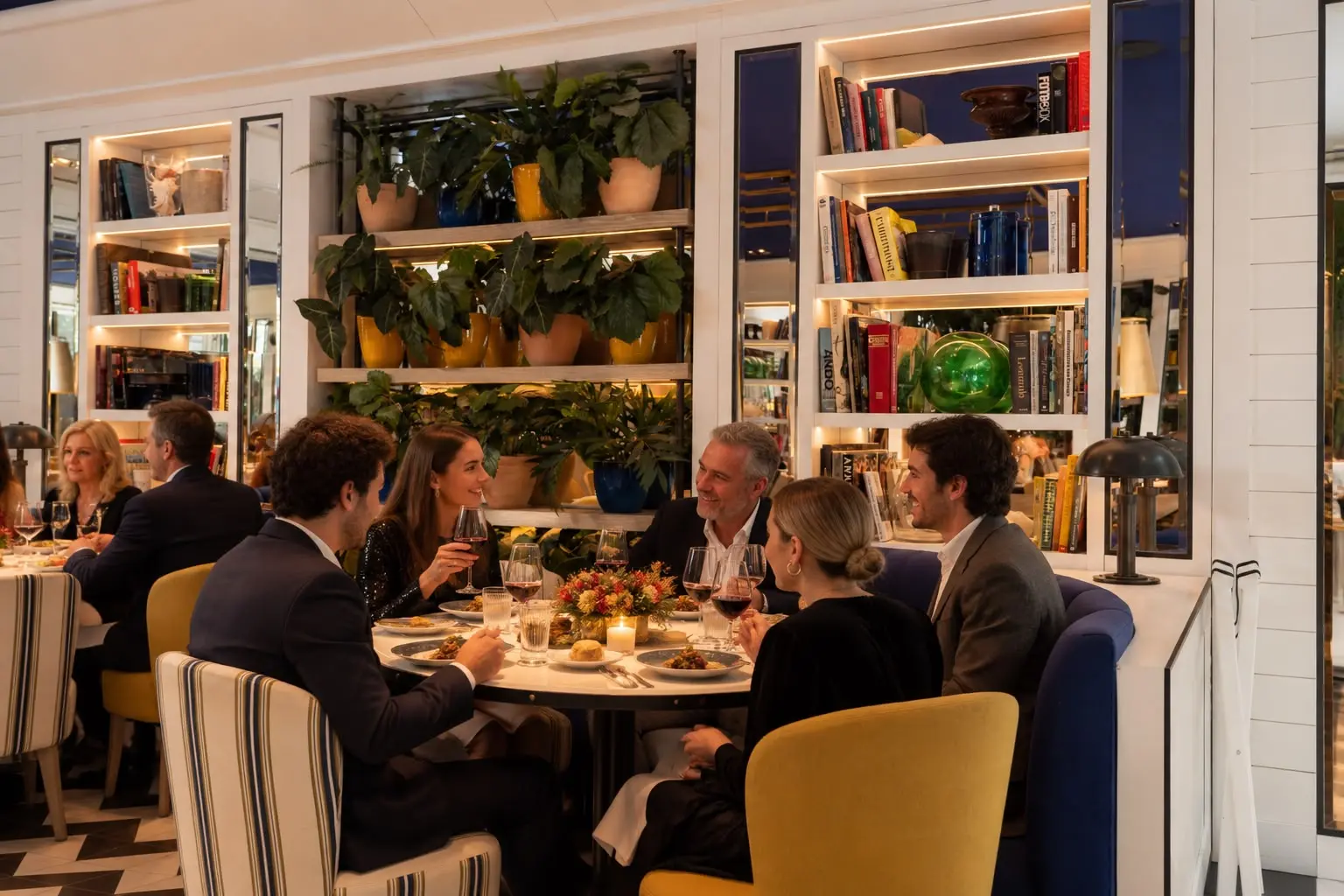 Persones sopen a taula dins d’un menjador amb prestatgeries il·luminades i seients entapissats.