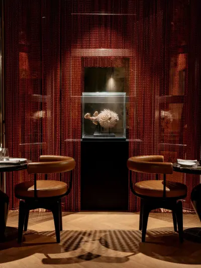 Imagen que muestra un espacio interior con mobiliario y decoración moderna, en tonos neutros y detalles elegantes, ideal para un ambiente de hotel sofisticado.