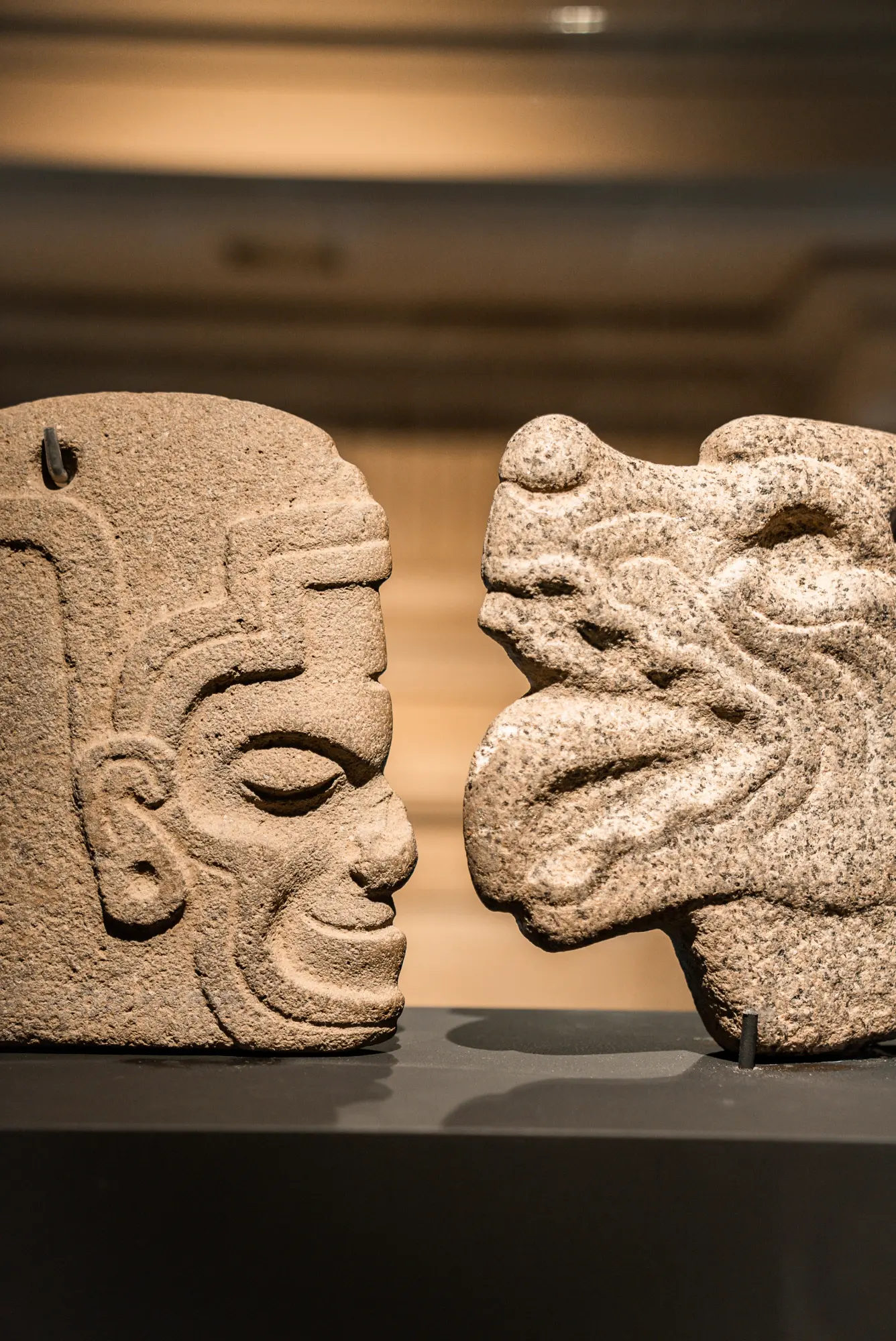 Se observan dos esculturas precolombinas de piedra sobre una vitrina iluminada.