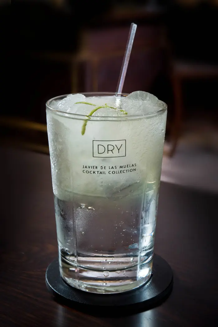 Sirven un cóctel tipo martini en un vaso de cristal con hielo y una guarnición verde.